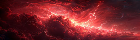 Red lightning highlights environment, climate, danger with high voltage in atmospheric night settingの素材