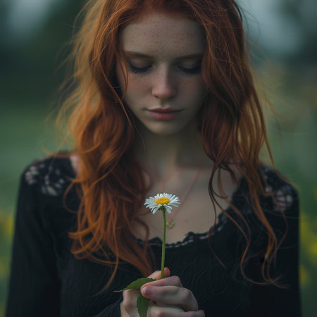 A sorrowful lady cradles a withered blossom, conveying grief with a gentle blurの素材