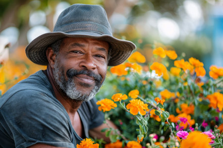On a sunny day, a Black man teaches kids in a community garden, surrounded by vibrant plants and flowersの素材