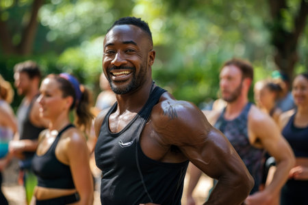 A fit instructor leads an outdoor fitness session at the park on a lively morning with enthusiastic participantsの素材