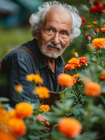 Elderly man in backyard planting flowers, surrounded by lush greenery in midday lightの素材