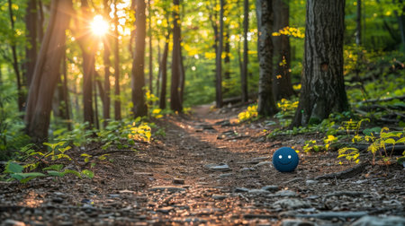 A serene pathway winds through dense evergreen trees in a natural forest environment, with the morning sunlight creating a calm atmosphereの素材