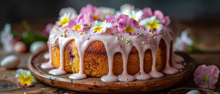 Easter cake decorated with edible flowers and pastel icing, elegant and festive, set on a rustic tableの素材