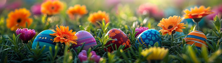 Vivid flowers bloom in a garden setting with playful Easter colors, hidden eggs among plants, and a natural ambianceの素材