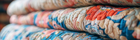 In a historic mansion, soft, natural lighting highlights intricate details of a classic motif on vintage fabricの素材