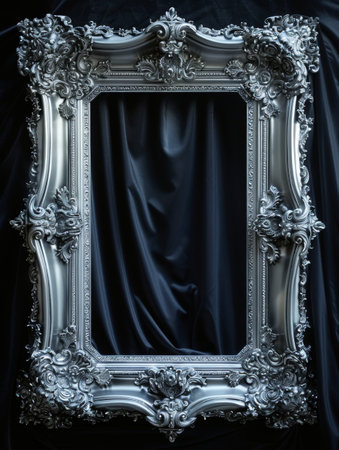 Elaborate vintage baroque frame, antique silver finish against dark velvet, intricate details under spotlightの素材