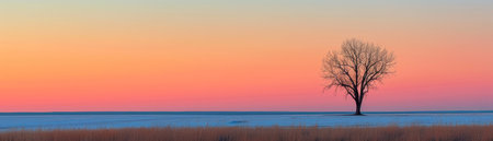 A lone tree stands against a vivid twilight sky, creating a minimal yet dramatic natural settingの素材