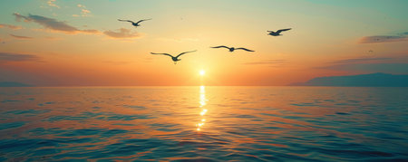 Bird silhouettes flying over the ocean at sunset, sense of freedom and exploration, peaceful and expansiveの素材