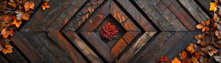 Artistic frame design, layered wooden pieces creating a 3D effect, holding an abstract geometric artwork.の素材