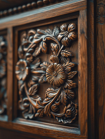 A vintage wooden picture frame, intricately carved, against a softly blurred beige backdrop, in close-up view.の素材