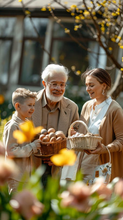 During the Easter family gathering, grandparents lovingly distribute handmade baskets against a lush garden backdropの素材