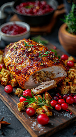 Thanksgiving feast featuring turkey, stuffing, cranberry sauce, and festive decorations awaitsの素材