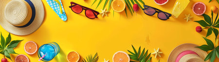 Design a summer sale banner with a beach backdrop, colorful text overlay, sun, flip flops, sun hat, drinks, and ice cream iconsの素材