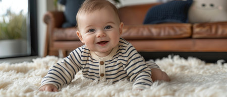 Baby boy in a striped onesie, crawling on a plush white rug, modern living room backgroundの素材