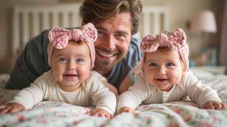 Family baby moment, father playing with twin babies on a soft bed, bright and airy bedroom, laughter-filledの素材