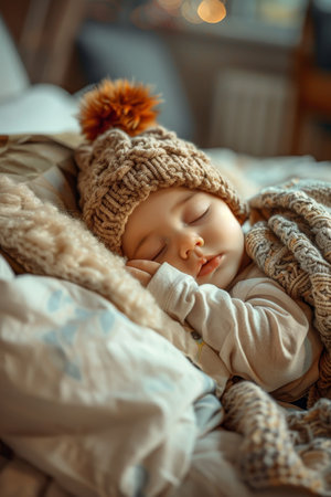 Newborn baby sleeping in a soft knitted hat, gentle natural light, peaceful expressionの素材