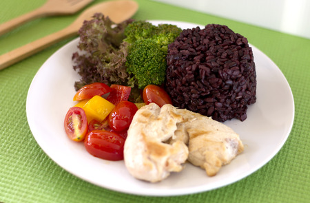 Clean eating, Clean food, Chicken grilled and vegetable and rice in white plate.の写真素材