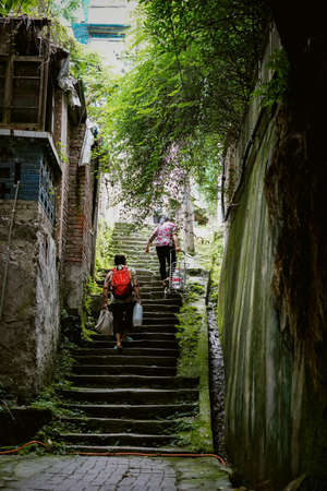 People walking down the stairsの写真素材
