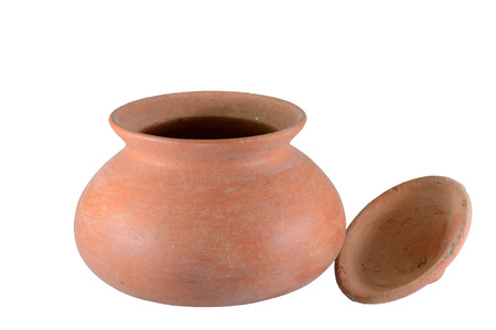 Clay pot with lid side white background の写真素材