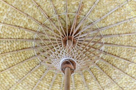Under view of hand craft clothes umbrella structure of southern thailand made from bamboo wood and plant, Thai original tradition.の写真素材