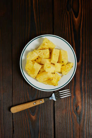 Pineapple, Fruit, Ripe, Food, Raw Food,wood,fork,plate