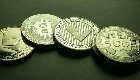 Close up of digital Cryptocurrency coinsの写真素材