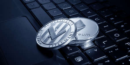 Close up of digital Cryptocurrency coinsの写真素材