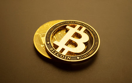 Close up of digital Cryptocurrency coinsの写真素材