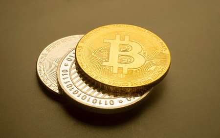 Close up of digital Cryptocurrency coinsの写真素材