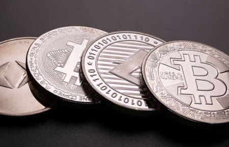 Close up of digital Cryptocurrency coinsの写真素材