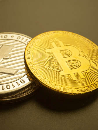 Close up of digital Cryptocurrency coinsの写真素材