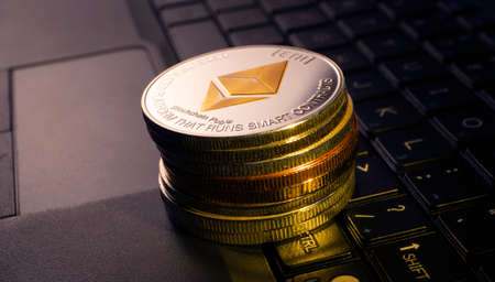 Macro shot of a bit coin Ethereum Crypto currencyの写真素材