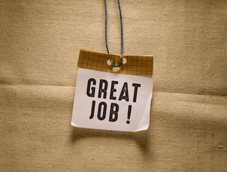 Text caption presenting Great Job. Business approach used praising someone for something they have done well Empty tag attached string colorful background blank space attach stringの写真素材