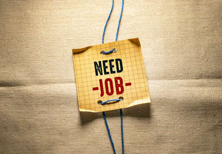 Conceptual hand writing showing Need Job. Business photo showcasing asking someone to work for organization Sticky note paper attached string colorful backgroundの写真素材