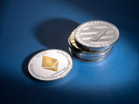 Close up of digital Cryptocurrency coins