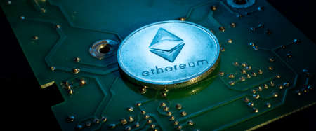 Macro shot of a bit coin Ethereum Crypto currencyの写真素材
