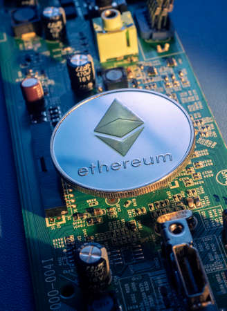 Macro shot of a bit coin Ethereum Crypto currencyの写真素材