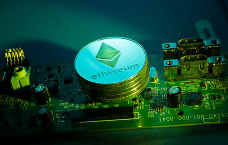 Macro shot of a bit coin Ethereum Crypto currencyの写真素材