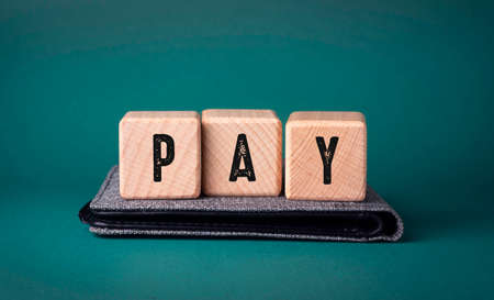 PAY - Payment App Interface acronym on wooden cubes on green backgroundの写真素材