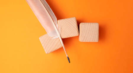 Quill pen and wooden cubes on orange background. Place for text.の写真素材