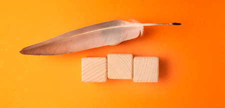 Feather and cubes on an orange background. Minimalistic still life. Flat lay.の写真素材