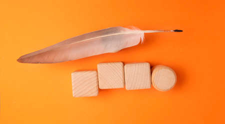 Quill and wooden blocks on orange background, flat lay. Space for textの写真素材