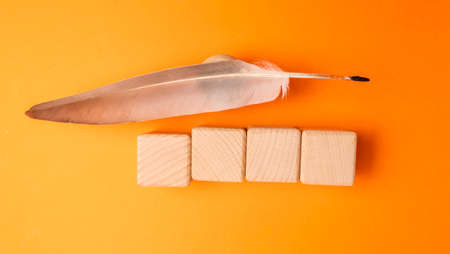 Quill and wooden cubes on orange background, flat lay. Space for textの写真素材
