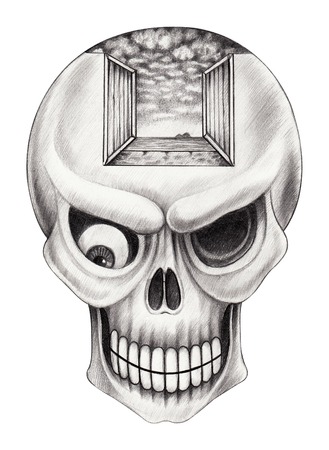 Art skull surreal. Hand drawing on paper.の写真素材