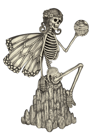 Skull art fairy. Hand pencil drawing on paper.の写真素材
