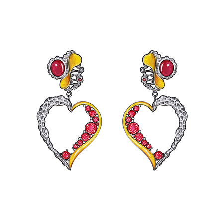 Jewelry design heart art earrings.Hand drawing and painting on paper.の写真素材