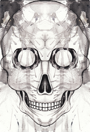 Art smiley skull. Hand watercolor painting on paper.の写真素材