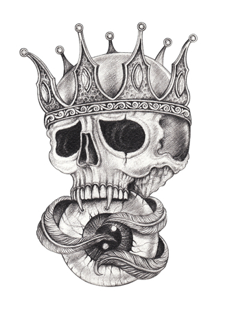 Art Surreal King Skull Tattoo. Hand drawing on paper.の写真素材
