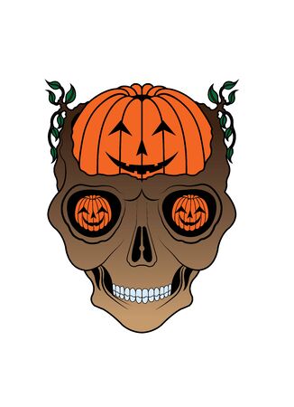Art Surreal Pumpkin mix Skull Halloween Day. Hand drawing and make graphic vector.のイラスト素材