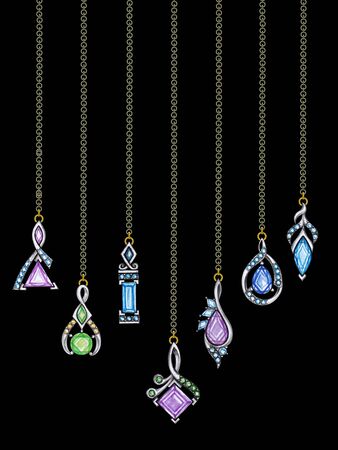 Jewelry Design Set Modern Art Pendant. Hand drawing and painting on paper.  Jの写真素材